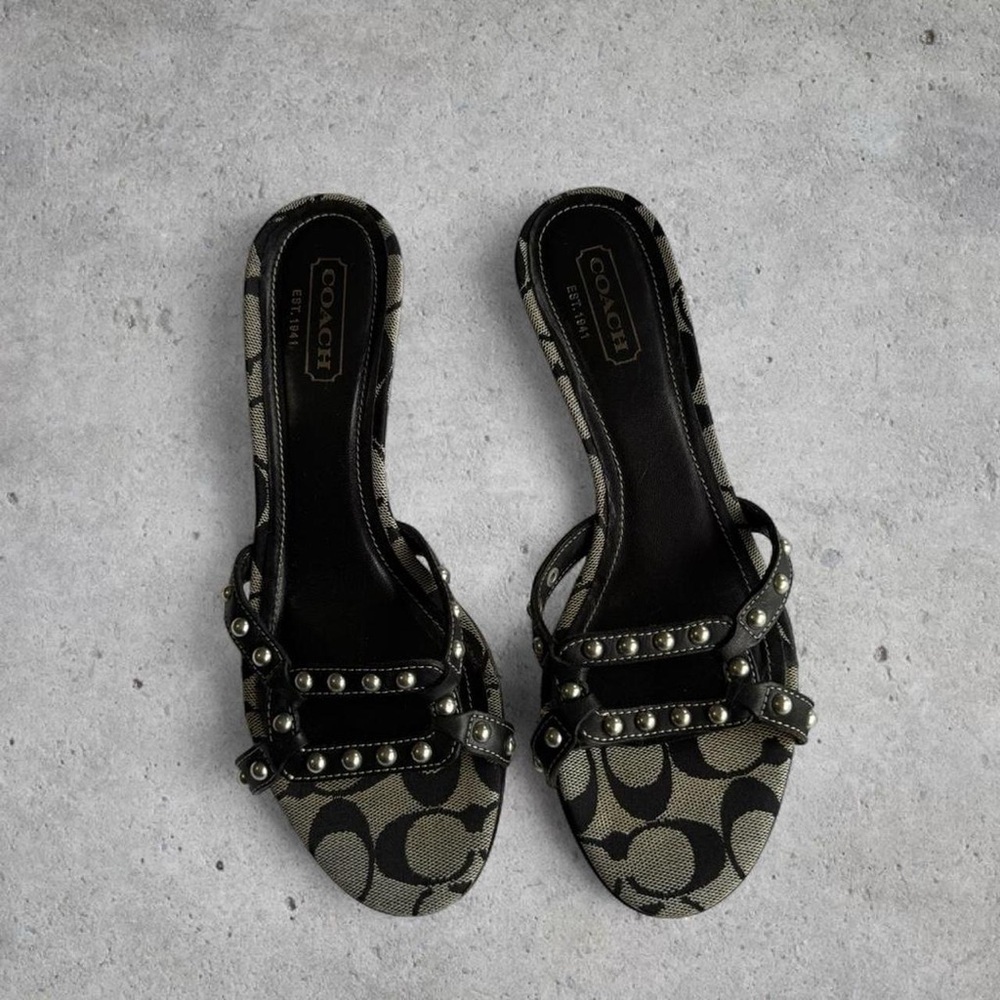 Rare Vtg Y2K Coach Signature Jacquard Black & Grey Studded Kitten Heels- 8.5/9